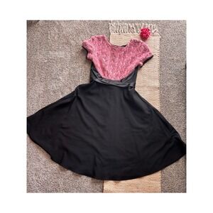 Bettie Page by Tatyana Pink Rosette Black Swing Dress Retro Rockabilly Large